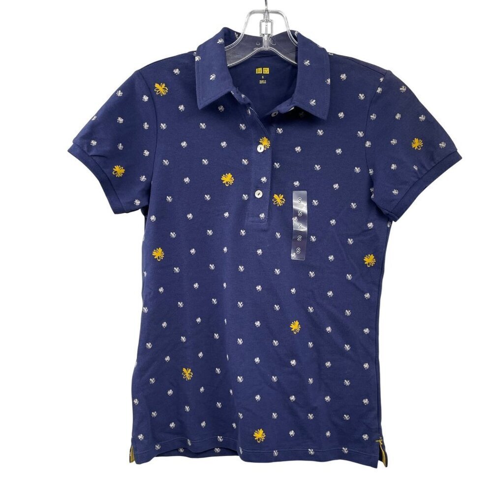 UNIQLO Womens Print Polo Shirt Stretch Pique Navy/Multi Size Small New